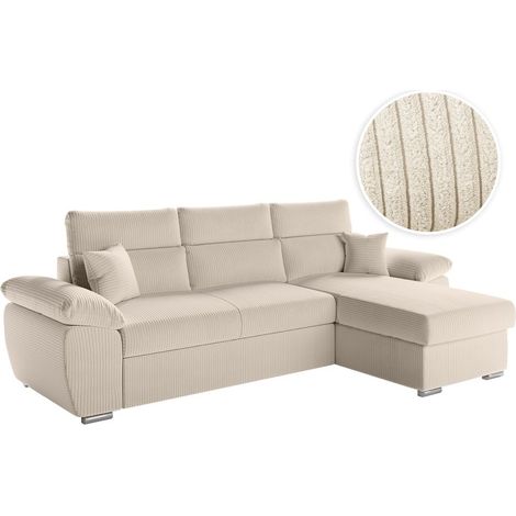 Loungitude – Canapé d'angle réversible convertible avec coffre et têtières réglables en velours côtelé – Beige – Assise moelleuse pour confort optimal (1/5)