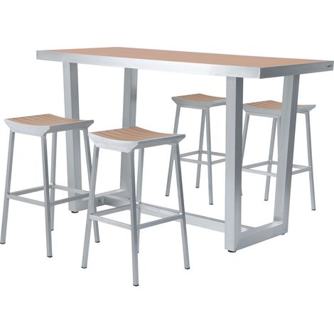 AXI – Table haute mange debout 4 places en aluminium aspect bois – Ensemble de bar 5 pièces pour extérieur – Hauteur confortable et design moderne