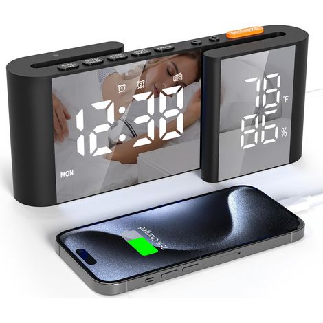 Radio Réveil avec Double Écran LED, Réveil Numérique de Chevet avec Température et Humidité Réglables, Reveil Matin avec 2 Alarmes, Snooze,Luminosité Réglable,12/24h,Horloge Digitale Port USB