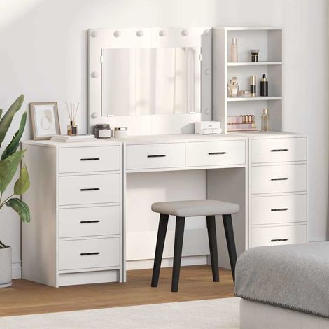 Schminktisch mit Spiegelbeleuchtung 3 pcs Weiß Holzwerkstoff