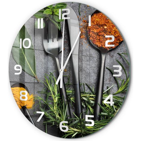 Horloge Murale Ronde Déco Cuisine Verre Trempé Silencieuse Design Moderne Couverts et épices fi 60 cm (1/5)