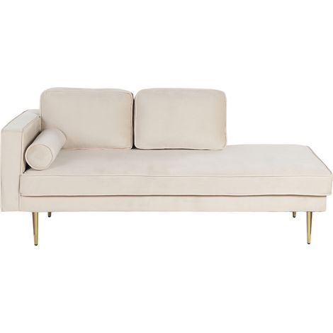 Chaise longue tapizado en terciopelo beige dorado versión izquierda patas de metal diseño moderno Miramas