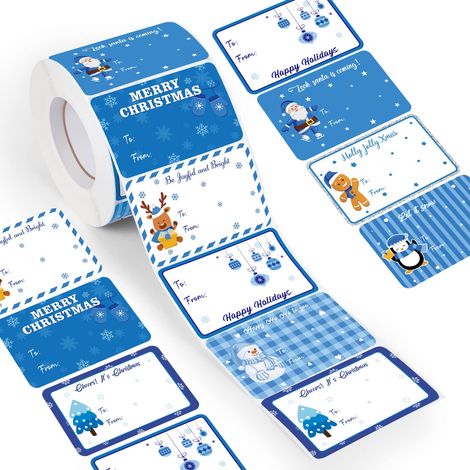 500 étiquettes cadeaux de Noël bleues autocollantes avec motifs festifs assortis : Père Noël, bonhomme de neige, renne et pingouin. Idéales pour la décoration de Noël, l’emballage des cadeaux et l’org