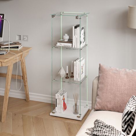 Vitrine en verre,vitrine,vitrine pour collection,avec trois cloisons vitrées, trois portes, bande lumineuse,39 x 35 x 123,3 cm,Blanc (1/5)