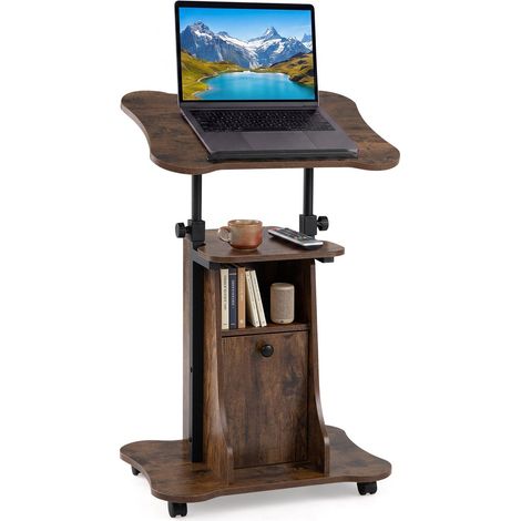 Height-Adjustable Brown Lectern with Storage and Casters