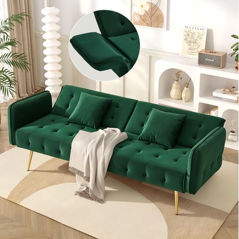 Canapé convertible 2 places velours vert réglable OKMYHOME (1/5)