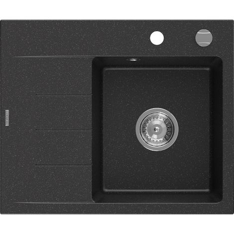 Mexen Ben lavello in granito a 1 vasca con sgocciolatoio destro 600 x 500 mm, nero/argento metallizzato, sifone cromato - 652360 (1/5)