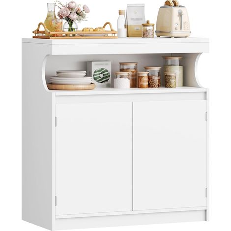 Credenza Cucina, 2 Ante con Sezione Buffet Aperta, Credenza Soggiorno con Ripiani Regolabili, 40 x 80 x 85 cm, Stile Moderno, Adatto per Cucina, Soggiorno, Bianco