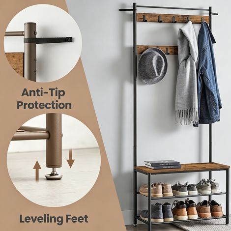 Coat Stand, Entryway Tree with Shoe Storage Seat, Measuring 12.6 by 27.6 by 175.01 cm, Featuring an Industrial Style in Rustic Brown (1/5)