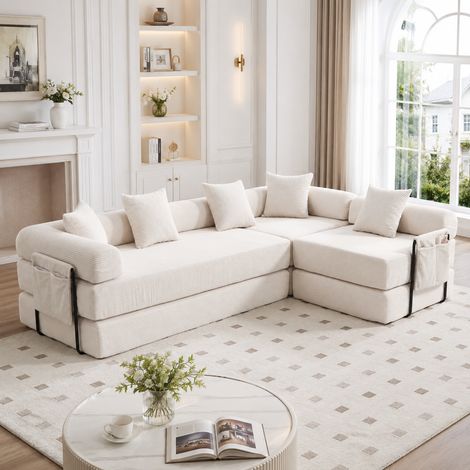 Canapé Modulable 4 Places Convertible en Velours Côtelé Beige 270 x 180 x 64 cm - PANGIVO (1/5)