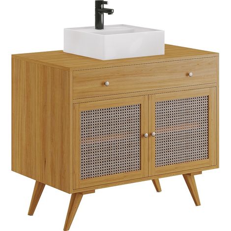 Mobile per bagno in Teak chiaro e cannage con lavabo in Ceramica 90 cm - MANSULAN