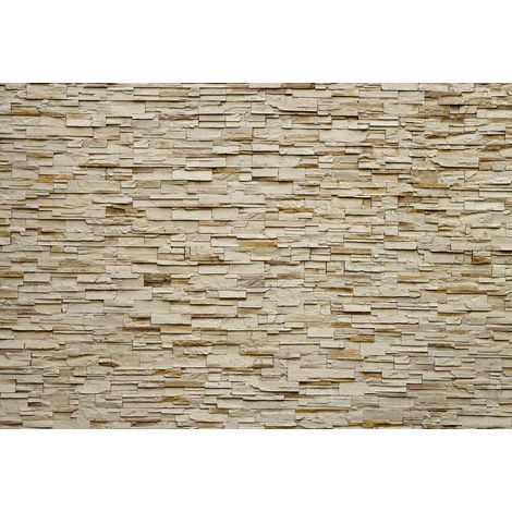 Papier peint panoramique beige aspect design | Tapisserie panoramique pierre ficelée effet cassé | Papier peint panoramique salle de bain & salon zen - 384 X 260 cm (8 pièces) (1/2)
