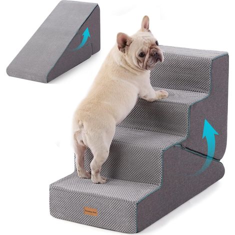 2 in 1 Dog Stairs with 4 Steps, High Density Sponge, Wide Ladder for Pets, Dog Stairs Non-Slip for Climbing Sofa and Bed – Grey-M (1/5)