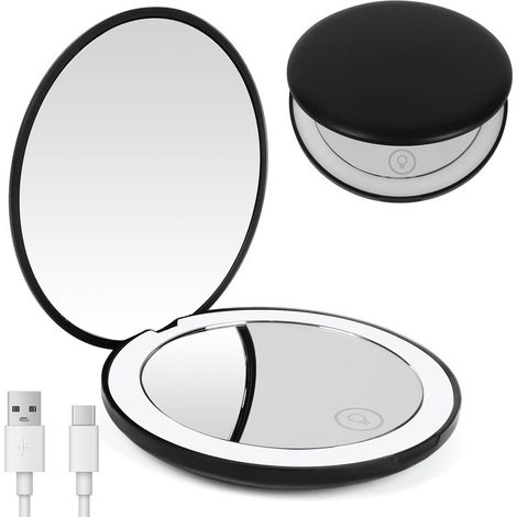 Noir Miroir de Maquillage de Voyage éclairé par LED Grossissant 10x,Double Face LED Miroir de Poche Lumineux, Compact et Portable pour Voyage (1/5)