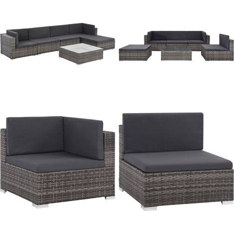 Salon de jardin 6 pcs avec coussins résine tressée gris - Salon De Jardin - Mobilier De Jardin - Ensemble De Canapés - Meubles De Jardin - Canapé D'angle - Home & Living