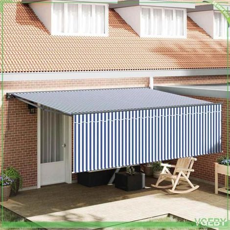 Auvent rétractable - FAF7291712448324 - Rayé bleu et blanc - 450×300 cm - Tissu anti-UV manuel (1/4)