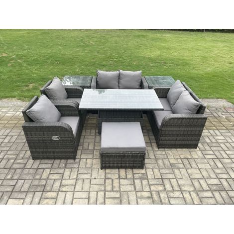 Fimous Osier PE Rotin Meubles De Jardin Extérieur Hauteur Réglable Table Élévatrice Amour Canapé Chaises Inclinables avec 2 Tables D’appoint Repose-pieds (1/5)