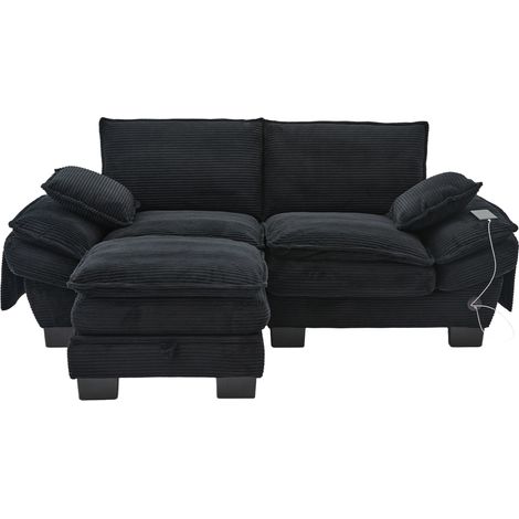 Sofa 2 places en velours côtelé – 1 tabouret, confort ergonomique, rembourrage haute densité, rangements intégrés – noir, idéal pour salon ou lounge (1/5)