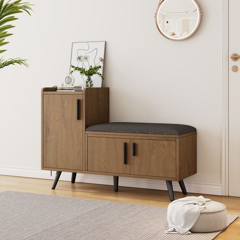 Banc à chaussures moderne avec coffre et assise, 3 portes de rangement, poignées en métal asymétriques, étagères multiples, dimensions L100/P34/H69 cm. (1/5)