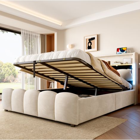 Bettgestell 140x200 cm beige aus Samt mit LED-Beleuchtung, Stauraum im Kopfteil und USB-/Typ-C-Anschlüssen (1/5)