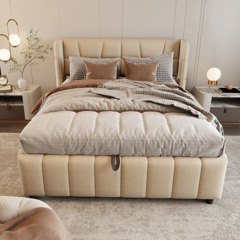 Bett modern 140x200 cm gepolstert mit Kopfteil, Stauraum mit Hebemechanismus, Leinenstoff Beige, Lattenrost (1/5)