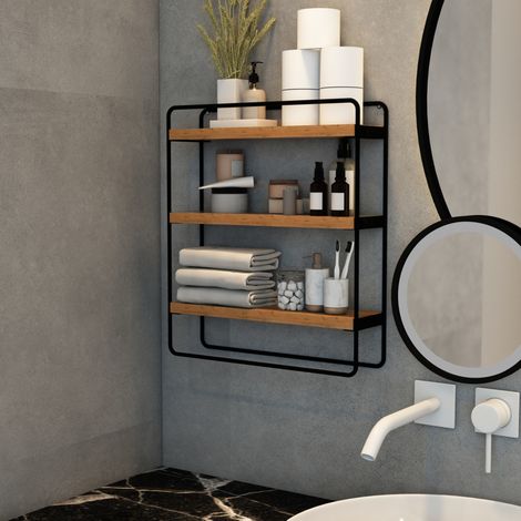 Estantería de pared Skovbo de 3 niveles aglomerado / metal 43 x 38 x 11 cm negro / madera [en.casa]