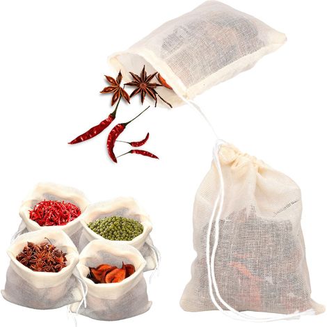 50 Bolsas de Especias Para Cocinar, 9, 8x8cm Muselina Con Cordón Té Reutilizable Vacias Filtro Hierbas Sopa (1/5)