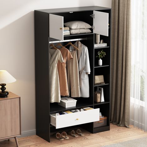 Mobile da Ingresso con 2 Ante, 6 Vani, Appendiabiti e Cassetto, Bianco e Nero, 105 x 40 x 185 cm