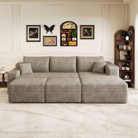 Divano angolare reversibile da 241 cm con chaise longue, non richiede montaggio, seduta profonda, velluto a coste color cammello