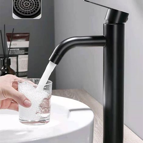 Cross-border 304 stainless steel square faucet for hot and cold water in bathroom sinks, washbasins, and handwashing basins - black curved spout tall style