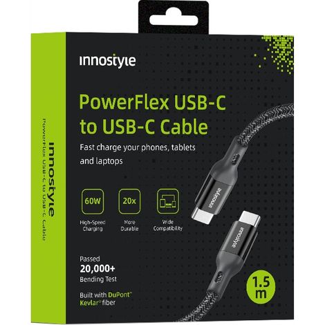 Câble USB-C Innostyle Powerflex à charge rapide pour iPhone et Samsung, 3 A, 60 W, gaine Kevlar, 2 m, noir (1/5)