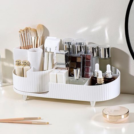 Rangement Maquillage Rotatif 360°, Organisateur 2 en 1 avec Compartiments Rangement maquillage avec pot à pinceaux, compartiments pour skincare, parfum, cosmétiques et accessoires du quotidien (1/5)