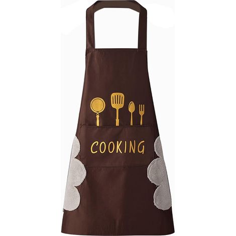 Delantal de cocina marrón para mujer con bolsillos grandes para secarse las manos, impermeable para cocinar y hornear. (1/5)