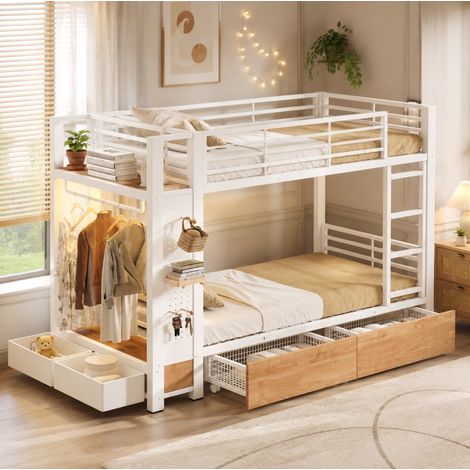 REDOM Etagenbett 231.5x95.5x166 cm, mit 4 Schubladen, LED Lichtleiste, MDF und Metall, Weiß (1/5)