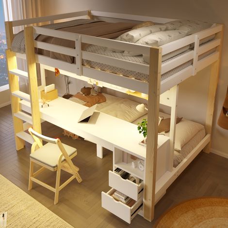 Lit superposé 140x200/90x200 en bois avec bureau, tiroirs et LED (1/5)