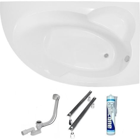 ECOLAM Baignoire de coin en acrylique asymétrique Carmen 170x100 cm version droite pieds siphon + silicone Set complet (1/5)