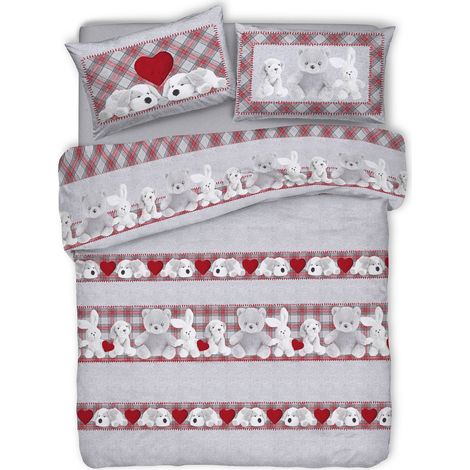 Copripiumino parure sacco e federa 100% cotone singolo e matrimoniale Fantasia peluche Grigio - Singolo