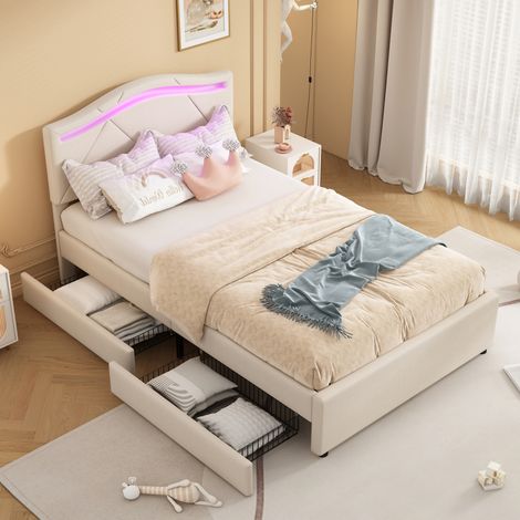 Lit rembourré en lin beige 90x200 cm avec sommier à lattes, LED, 2 tiroirs et tête de lit réglable (1/5)
