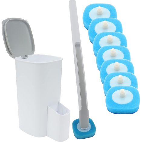 Brosse WC jetable avec support, kit de bâton de toilette mural, système de nettoyage de toilette jetable avec 7 têtes de changement de toilettes (kit de bâton de toilette) (1/5)