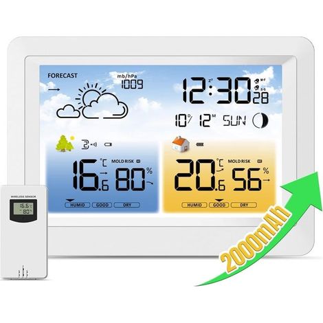 Station météo sans fil avec capteur à distance, batterie intégrée de 2000 mAh, baromètre, horloge DCF, prévisions météorologiques, alerte de risque de moisissure pour intérieur et extérieur (1/5)