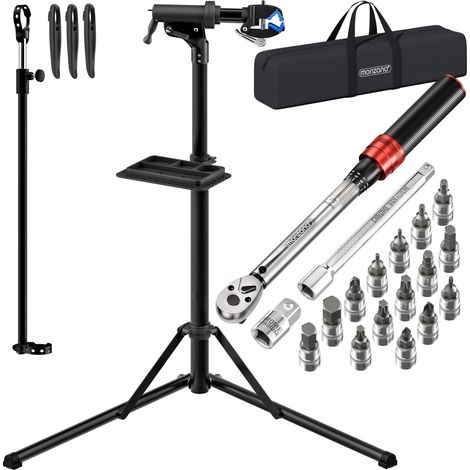 Monzana – Pied d'atelier pour vélo électrique – Charge 50 kg – Réglable de 104 à 159 cm – Clé dynamométrique 1-25 Nm – Fixateur de roue avant