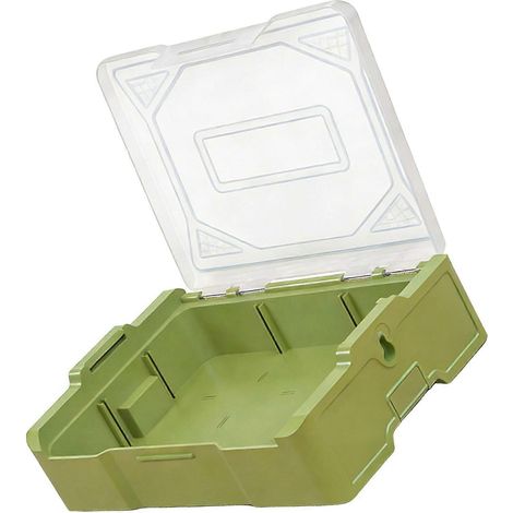 Boîte de rangement empilable avec couvercle, solution idéale pour les petits espaces et pour organiser vos petites pièces de quincaillerie. Contenant en plastique transparent vert. (1/4)