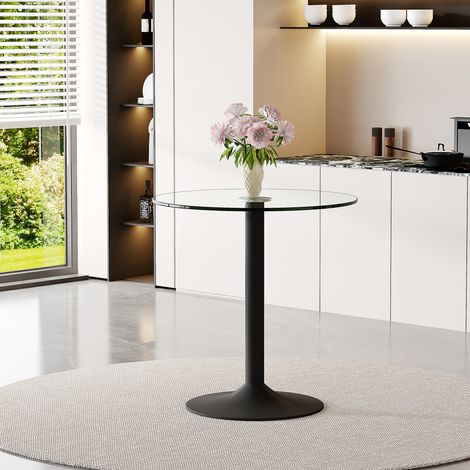 Mesa redonda de bar de 89x92 cm, tablero de cristal transparente, base de metal negro, estilo moderno para salón o cafetería. (1/5)