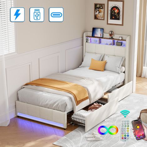 Bett 90x200 cm, mit vier Schubladen, einstellbarer LED-Beleuchtung, 2 USB-Anschlüssen und 1 Ladefunktion tpcy-c, Leinen, geeignet für Erwachsene und Jugendliche, Beige