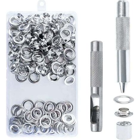 Kit de 100 œillets métalliques de 14 mm avec outils, idéal pour la réparation de bâches, toiles et tentes (couleur argent). (1/5)