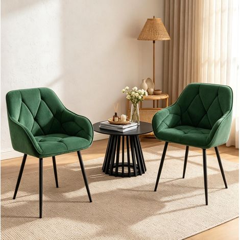 Juego de 2 sillas de comedor de terciopelo verde oscuro con reposabrazos y patas de metal DESVIAE (1/5)
