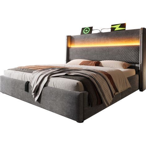 Lit coffre 160x200 cm gris à tête de lit haute, LED, rangement hydraulique, ports USB et USB-C, style lin, sans matelas, cadre métal et bois  CHICFURN (1/5)