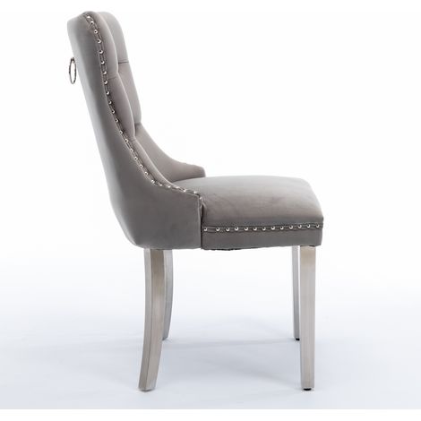 Chaise de salle à manger en velours gris avec structure en bois massif et pieds chromés, lot de 2 (1/5)