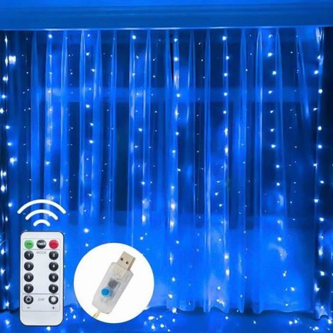 3M X 3M 300LED Bleu Rideau Électrique Lumineux Avec Télécommande,guirlande Led Décorative De Fête Pour Chambr (1/4)