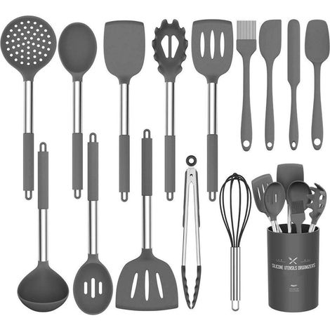 Set d'ustensiles de cuisine 15 pièces en silicone, résistant à la chaleur, avec support, Gris